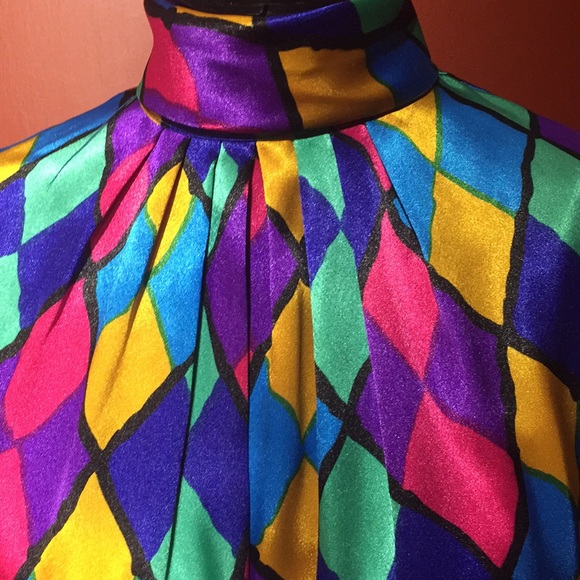 Illustrations Tops - Vintage 80’s multi colored patterned blouse M/L